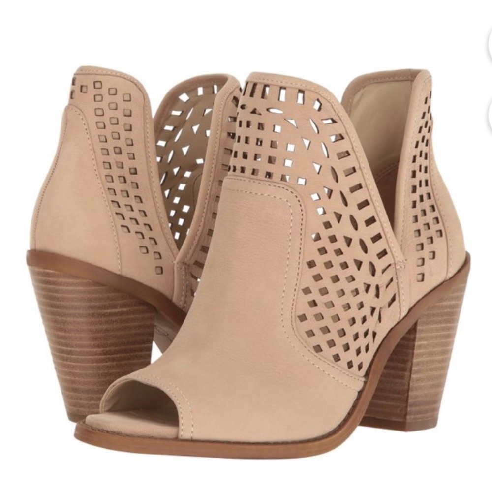 Jessica Simpson Beige Laser-Cut Peep-Toe Stacked Heel Booties